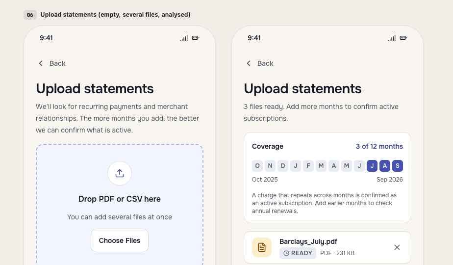 CardFindr statement upload screens showing coverage of 3 of 12 months and a ready PDF