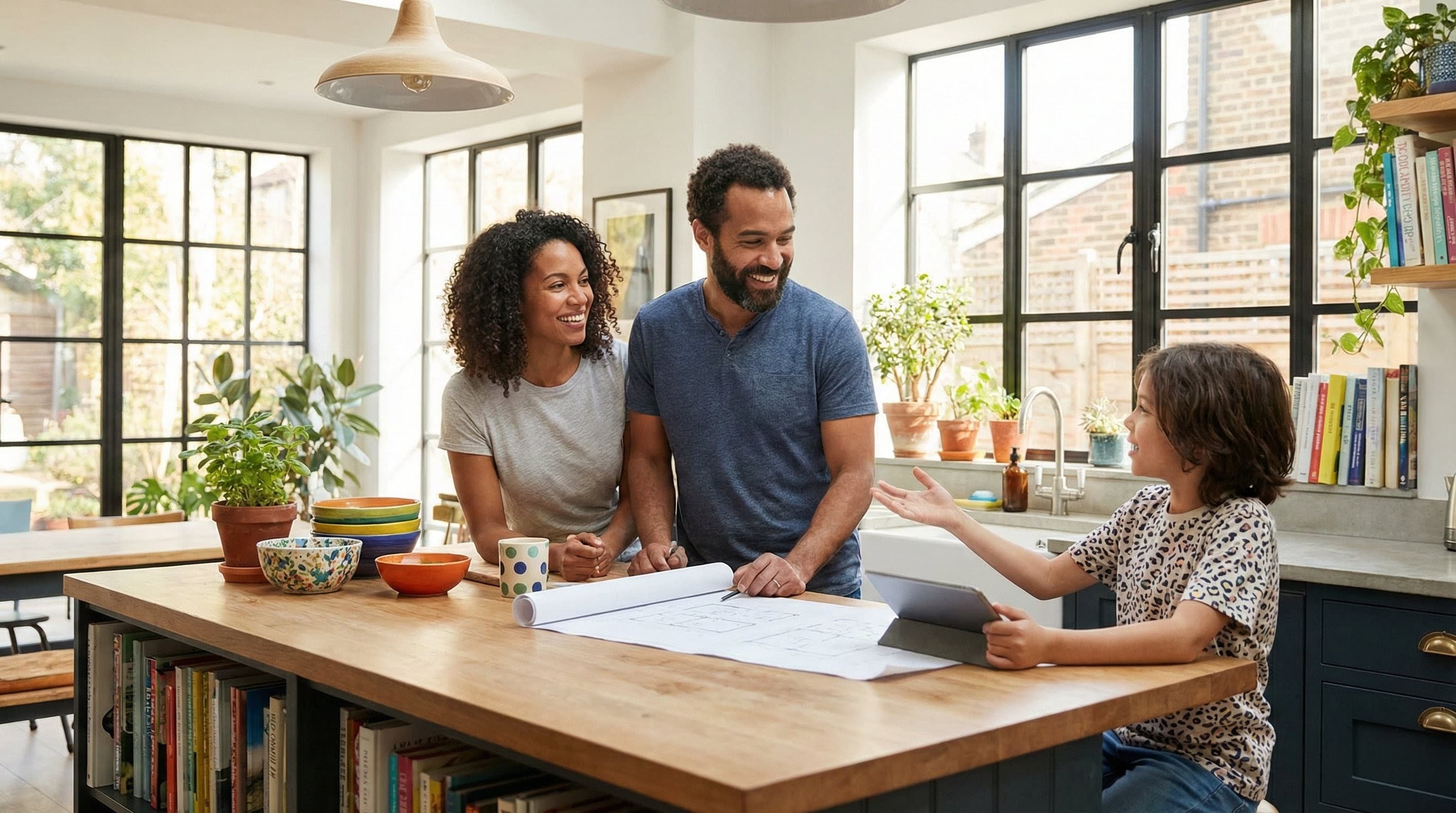 Parents and child planning routines together with a tablet at home